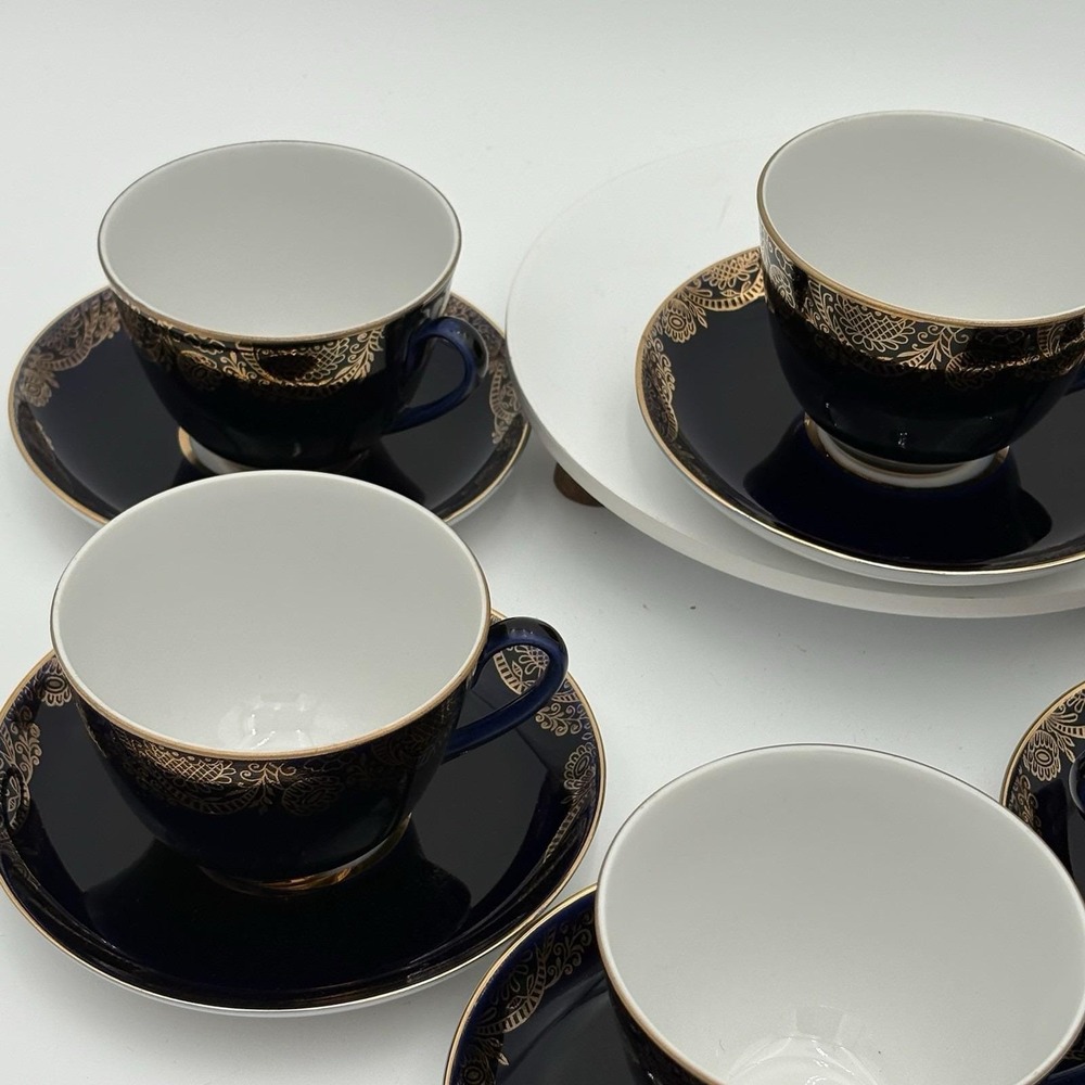 Vintage Russian Cobalt Net Gold Web Lomonosov Tea Cup with Saucer Set of 6 - Picture 5 of 13